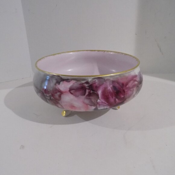 Vintage Limoges France 3 Footed Bowl Dish Pink Purple Roses - Picture 12 of 14